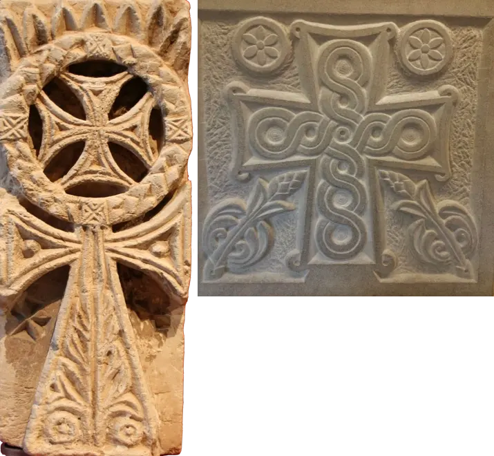 A comparison of the Gnostic cross on the left and the Byzantine Christian cross on the right.