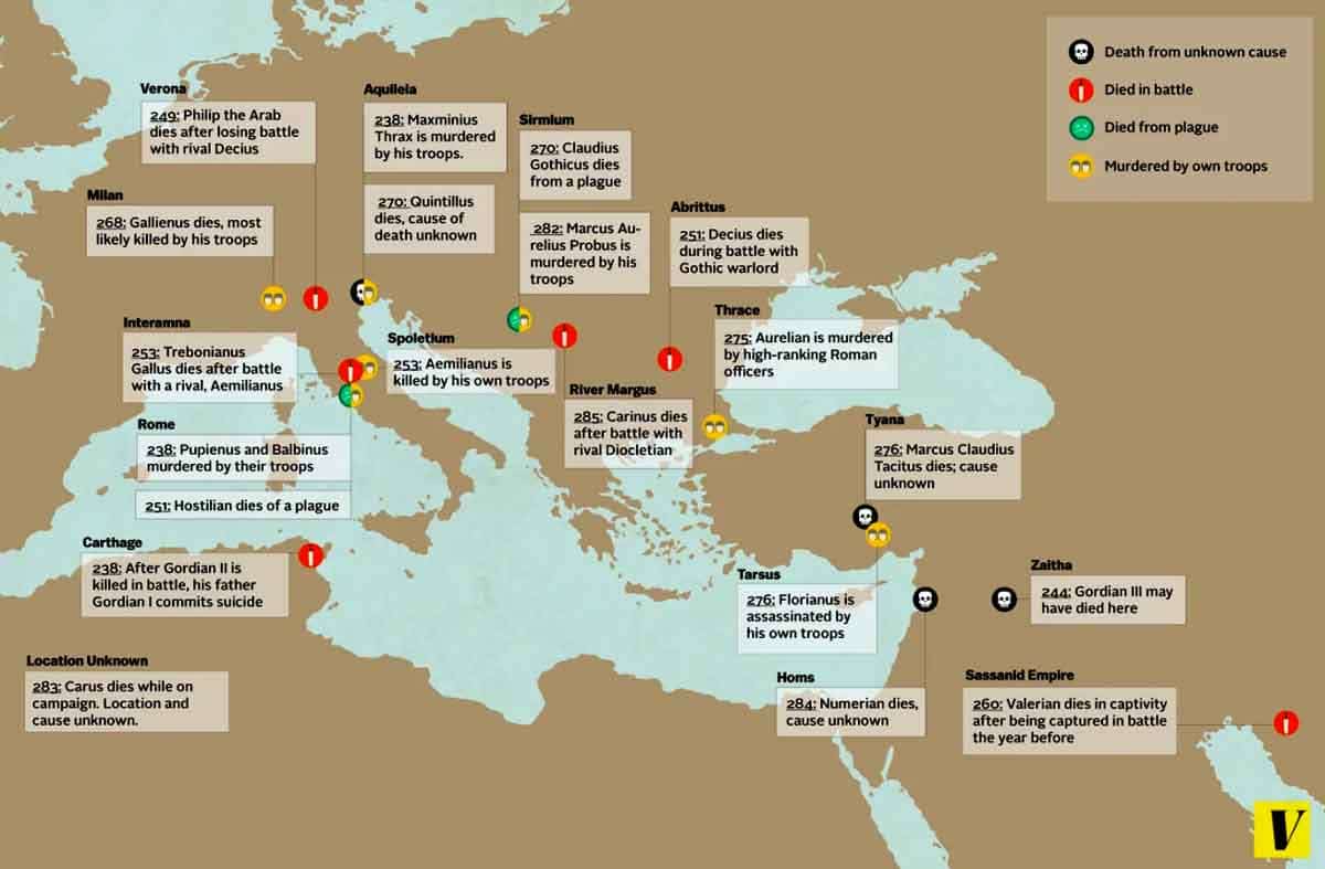 A map illustrating the numerous emperors who died during the Crisis of the Third Century, highlighting the political instability of the era.