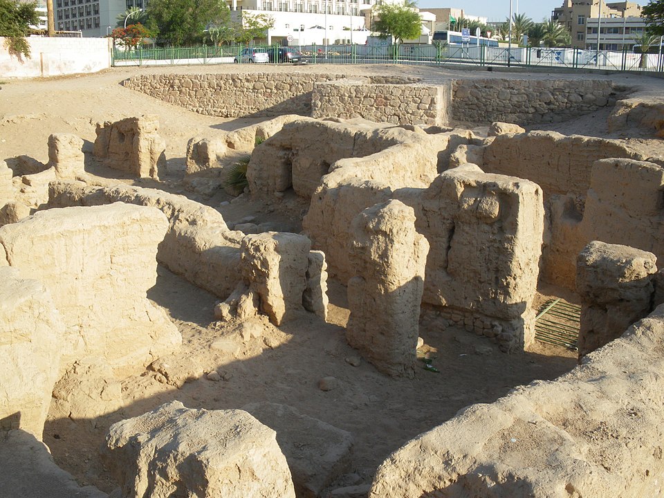 Ruins of early church of Aqaba; rear, a Byzantine era city wall