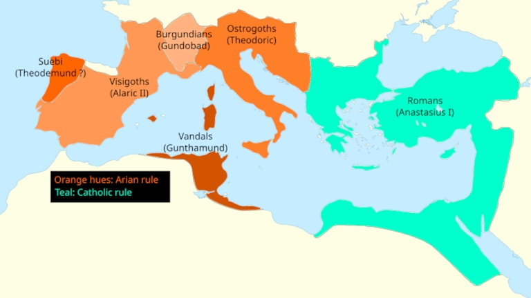 A map of Europe and North Africa showing various Arian Germanic kingdoms and the Byzantine Empire