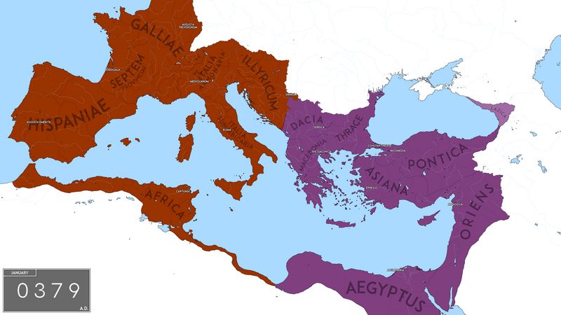 A map showing the Roman Empire split into Western and Eastern halves in 395
CE